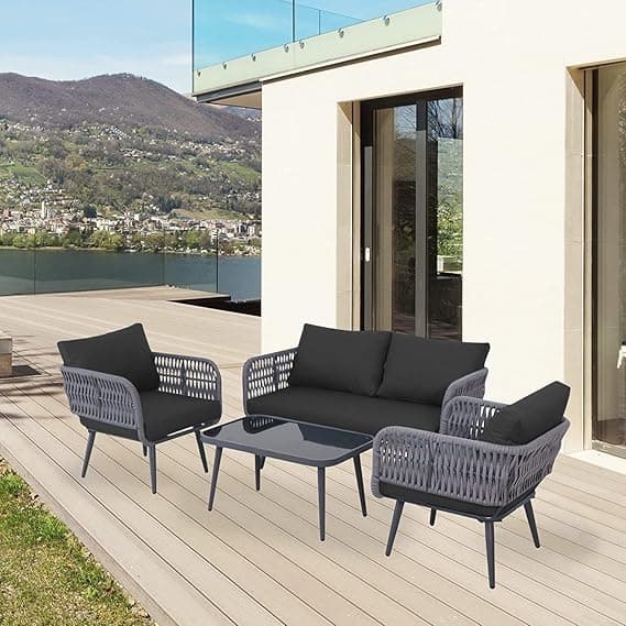 LOCCUS 4-Piece Outdoor Rope Patio Furniture Set – All-Weather Waterproof Conversation Set with Cushions, Modern Woven Bistro Set for Balcony, Lawn, Garden, or Terrace (Black & Grey)