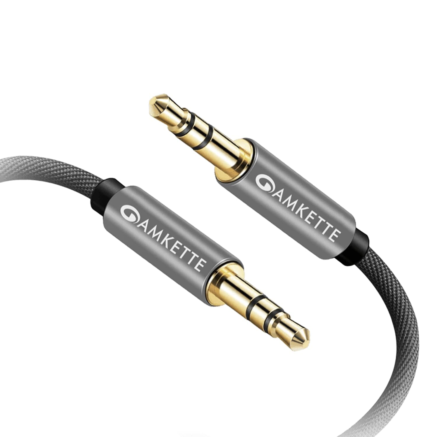 Amkette High Fidelity Nylon Braided AUX Cable - Gold-Plated Connectors,3.5mm 99.9% Oxygen-Free Copper Tangle-Free Wire for Home Speaker, Car Stereo, and Headphones(1.5M, Grey)