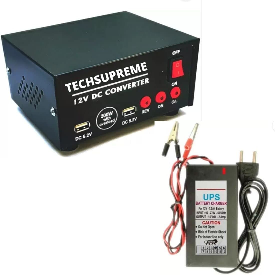 TECHSUPREME 200 W Converter 12v DC to AC Inverter kit - SMPS, Lap Top, LED TV,Incubator &12 Volt 7 amp Battery Charger