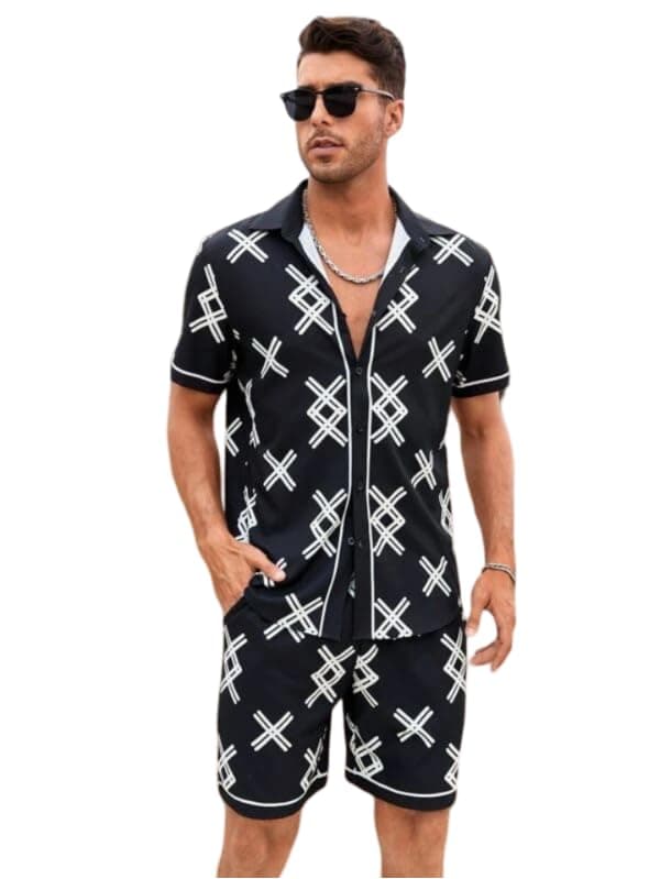 SHANTVAN GALLERY Men's Summer Two-Piece Set, Multicolour Wavy Pattern Short Sleeve Shirt with Matching Shorts