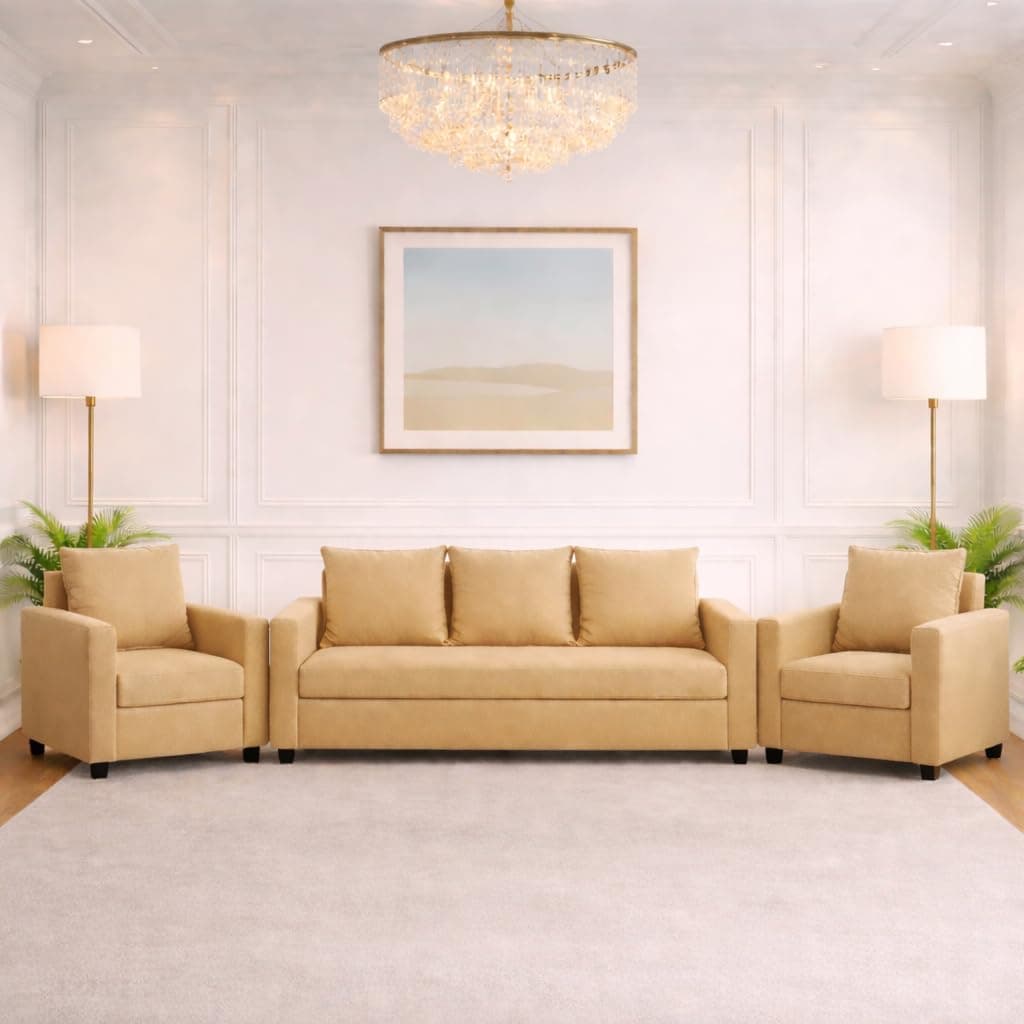 VANSH FURNITURE Wood 3+1+1 Sofa Set 5 Seater | Velvet Fabric Upholstery | Wooden Frame Sofa Set with 3 Seater & 2 Single Chairs for Living Room, Home & Office (Golden)