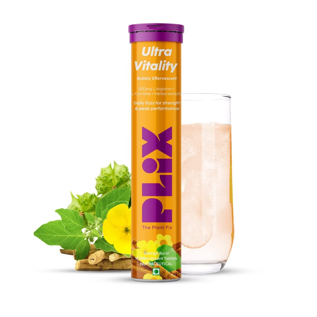 PLIX - THE PLANT FIX Ultra Vitality Effervescent for Stamina,Performance & Strength|With L-Arginine,Ashwag&ha,Safed Musli & Zinc|For Men|15 Tablets,Pack of 1 (Orange Burst), 90 grams