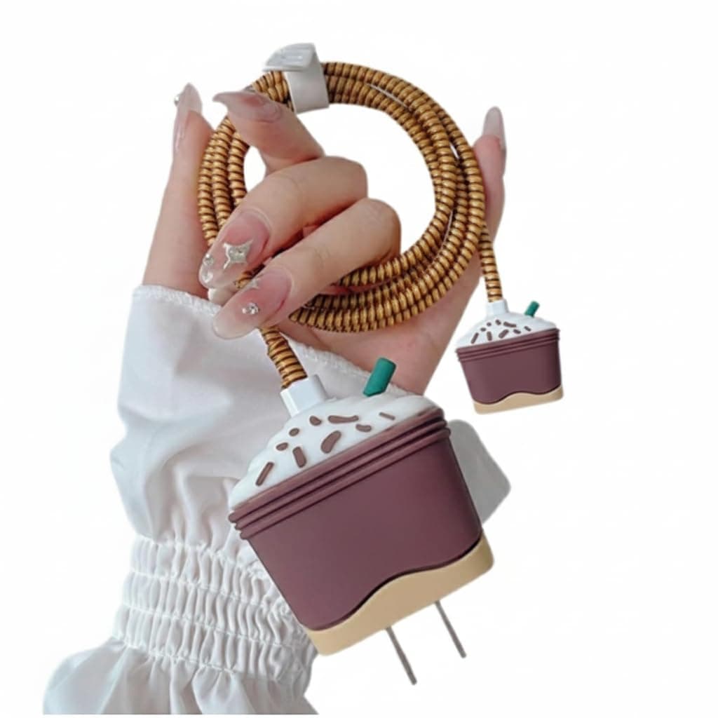 Premium 18W and 20W Charger Protector and Wire Saver Set with Cute Coffee-Themed Silicone Design Protective Cover and Cable Cord Protection Sleeve for Long Lasting Daily Charging Use (Brown)