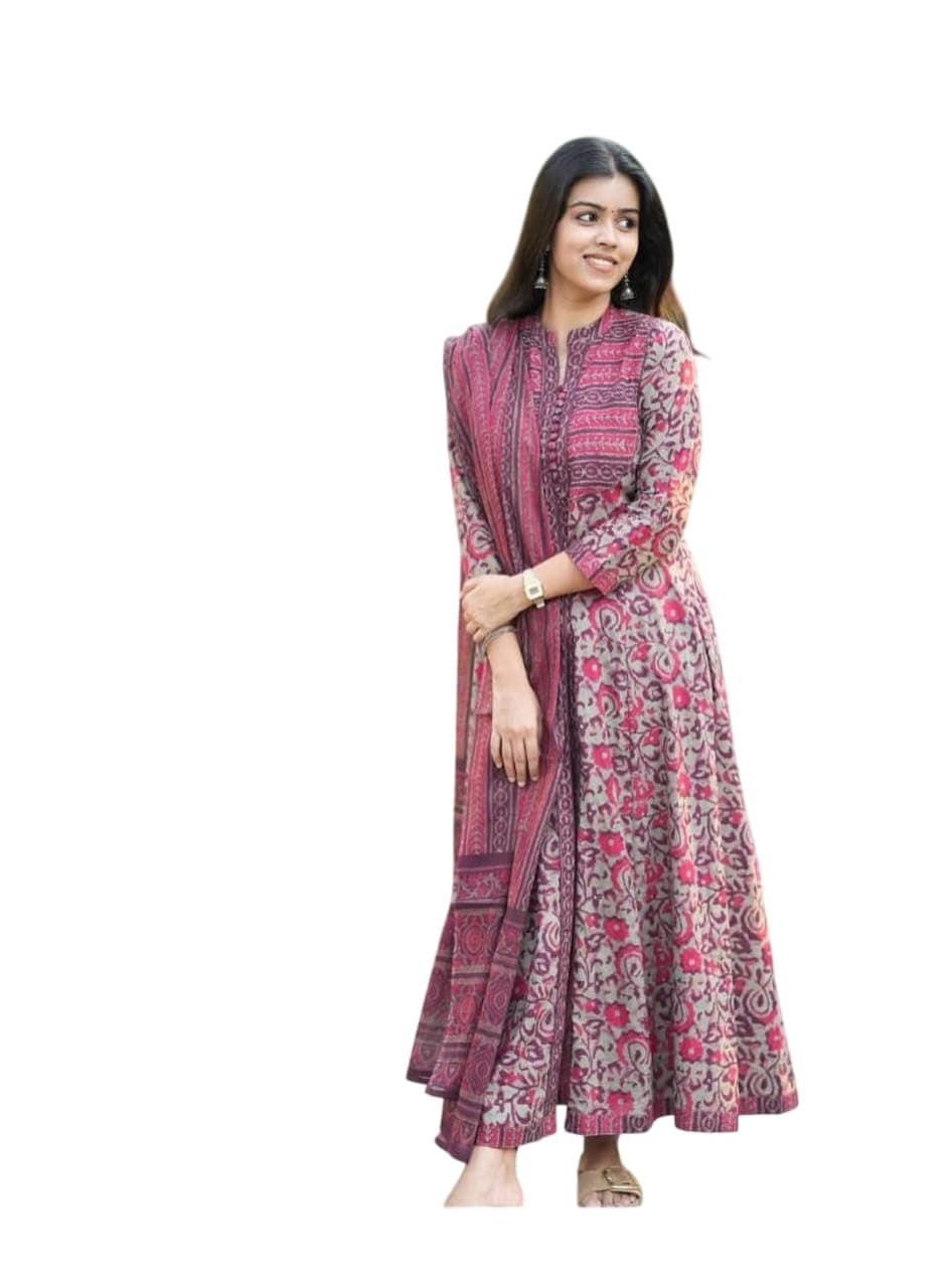 Veqreqmeq Women's Cotton Trending Anarkali Printed Kurta with Pants and Dupatta Set | Ethnic Set (Blue)