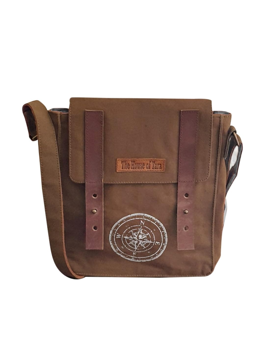 The House of Tara Canvas Side Sling Bag For Men & Women | Compact Messenger bag with Leather Strap on Flap Closure, Adjustable Shoulder Strap & Metal Buckle | Crossbody bag Suitable for Office (Khaki)