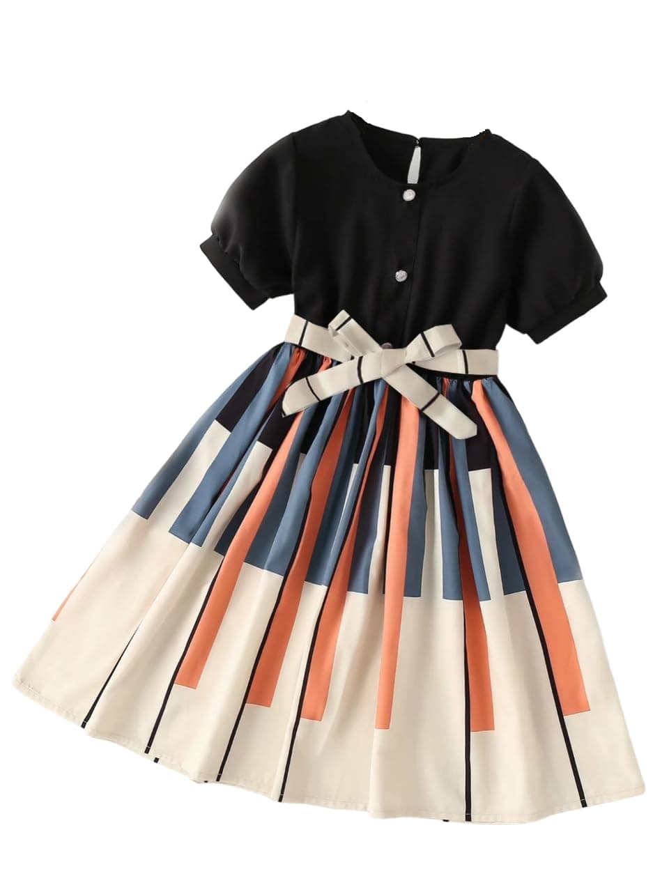 ASHIKTA Enterprise Girls Dress | Black Top with Multicolor Pleated Skirt & Bow | Stylish Kids Frock for Birthday & Casual Wear