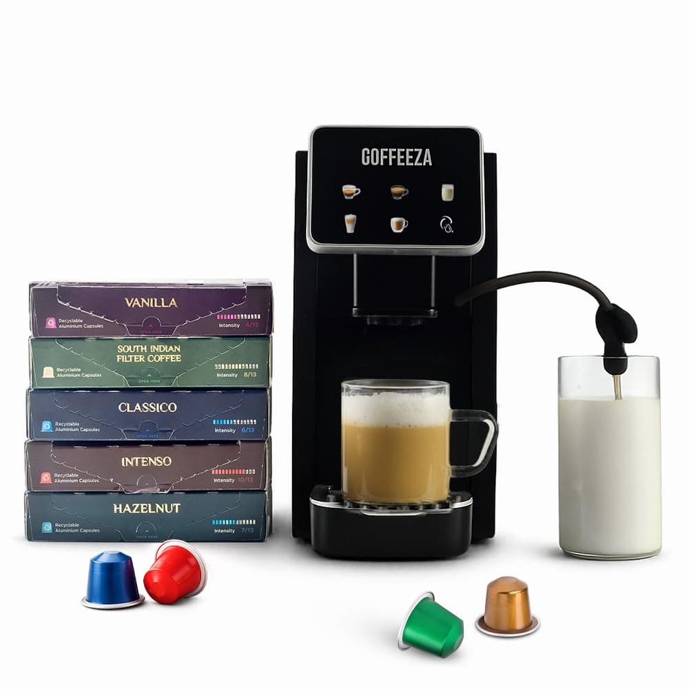 COFFEEZA Lattisso Pro One-Touch Coffee Machine with 5 Coffee Capsule Variety Pack | Cappuccino, Latte, Espresso & Lungo | 19-Bar, Milk Frother, Auto Clean, Original Line Compatible