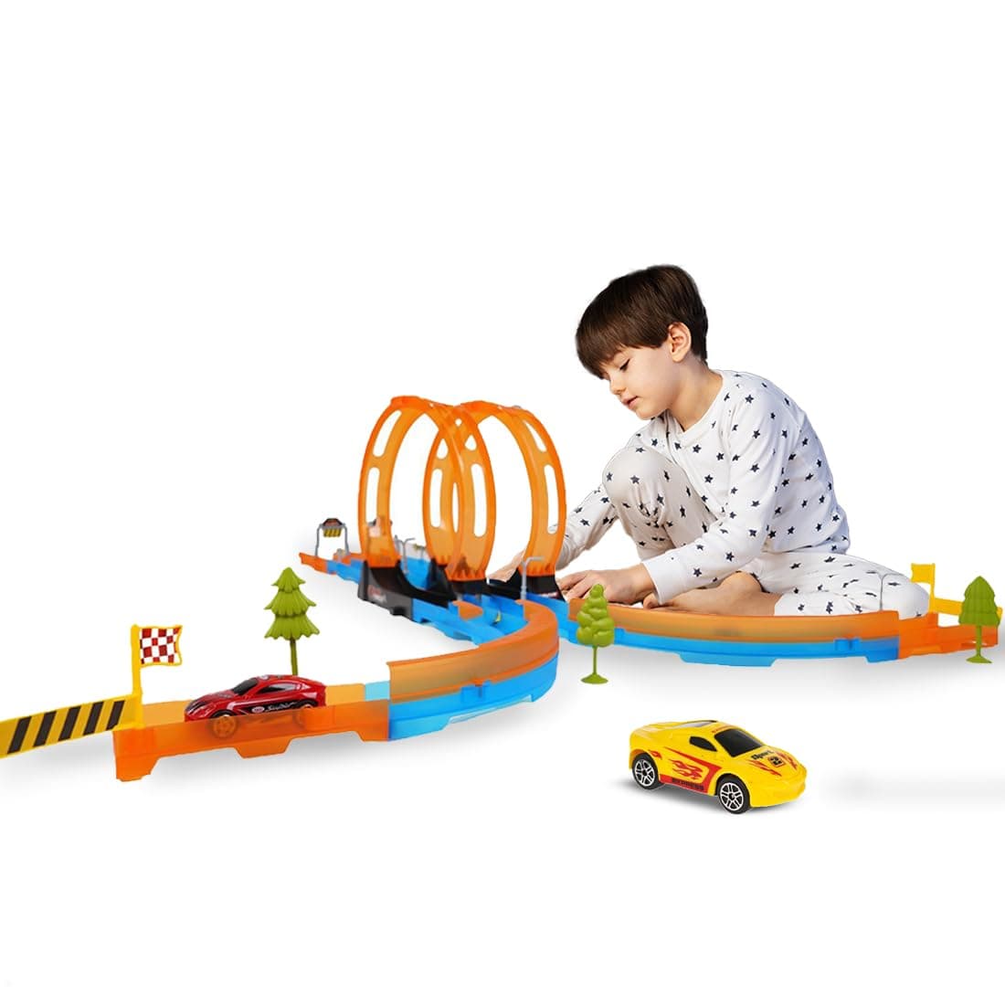 Wembley 29 Pieces Multiplayer Track Set Loop Diecast Car Racing Adventure Toys for Kids 3+ Years with Double Loop 360° Spin Way 2 1:64 Scale Pull Back Car