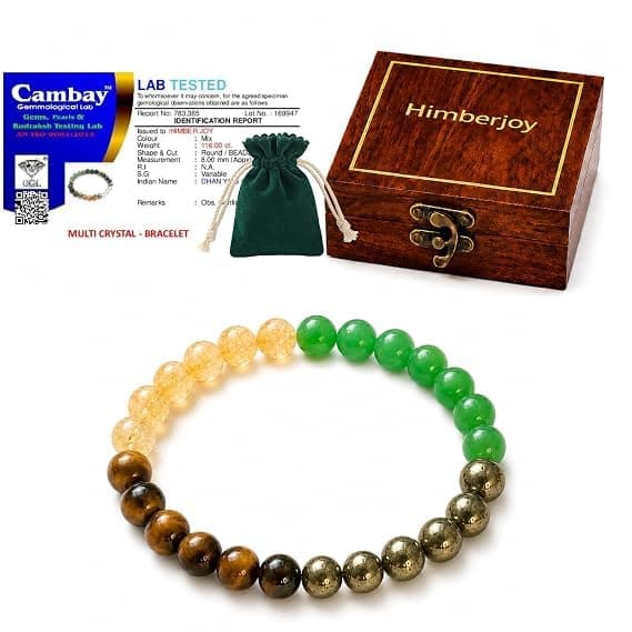 HIMBERJOY Money Magnet Bracelet for Men & Women | Certified Pyrite, Citrine, Green Aventurine & Tiger Eye Crystal Bracelet | Dhan Yog Wealth, Prosperity, Luck, Protection & Positive Energy Gemstone Beads