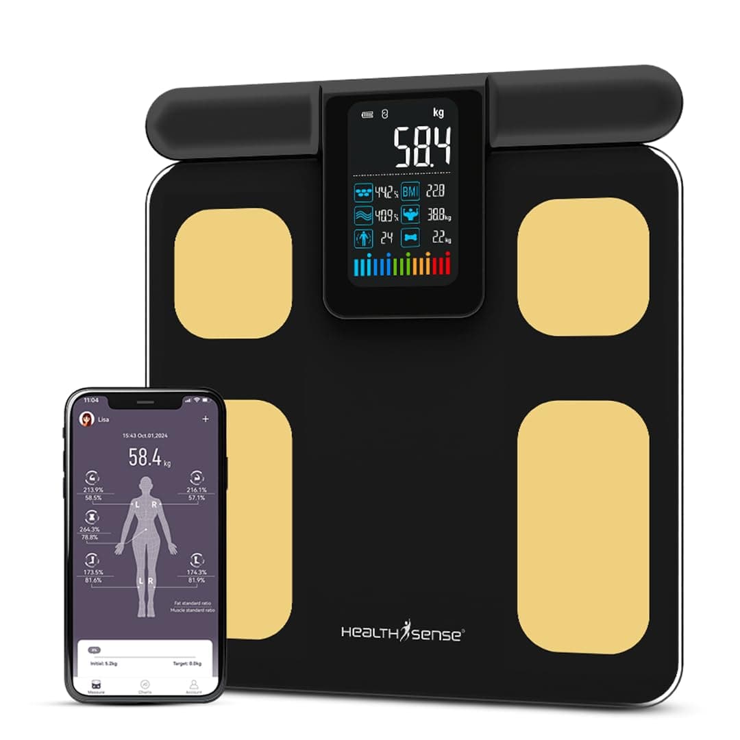 HealthSense Full Body Composition Monitor | 8 Electrode BMI Weight Machine for Body Weight | Digital Fat Analyzer Machine with USB Rechargeable, 28 Essential Measurement & 1 Year Warranty| BS 200