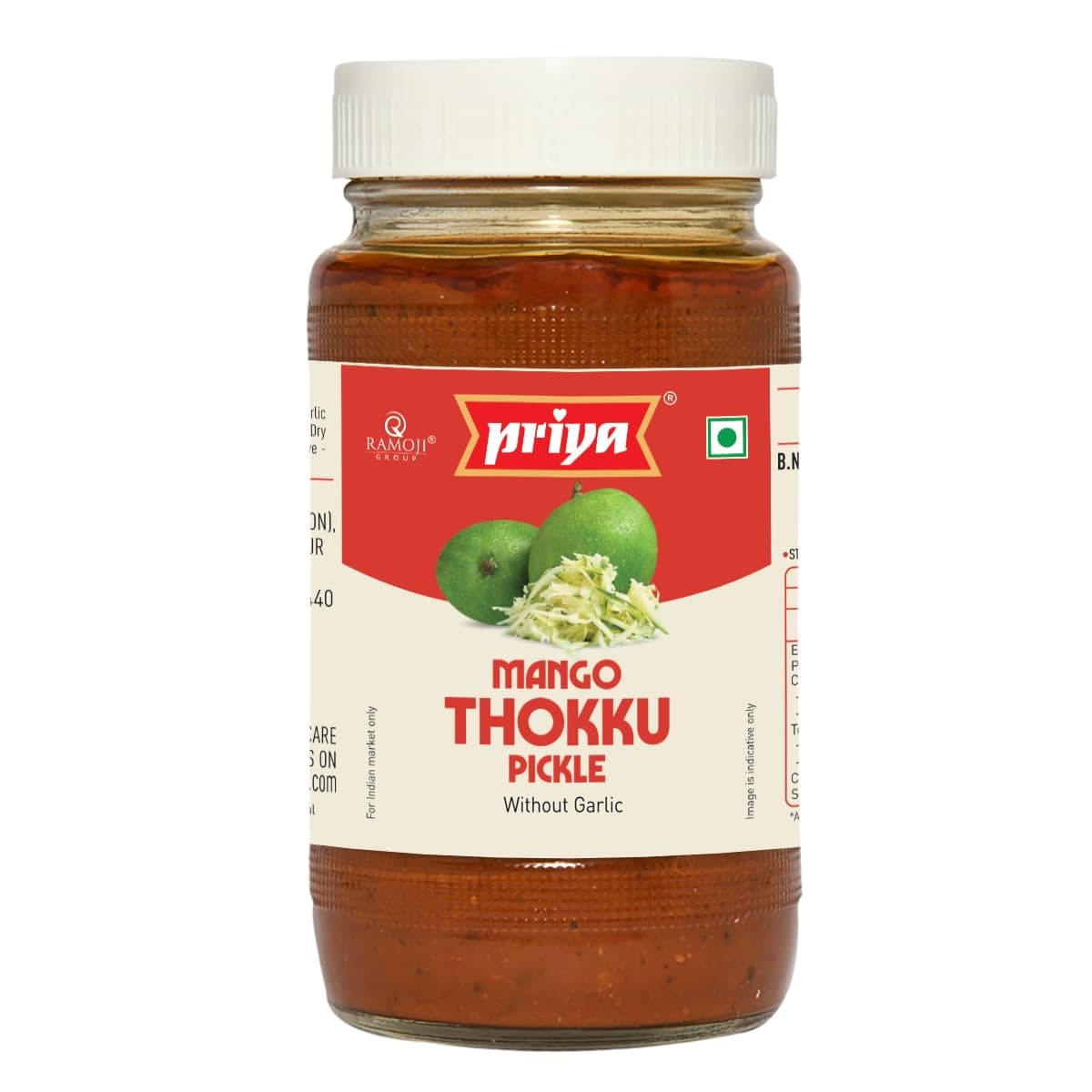 Priya Mango Thokku Pickle without Garlic, 500g - Authentic Telugu Style Aam Achar| Traditional South Indian Taste| Homemade Andhra Pickles| Tangy & Spicy| With Grated Mangoes and Mixed Spices| Glass Jar