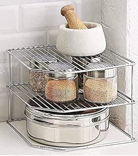 12FOR COLLECTION Stainless Steel 2-Tier Free Standing Kitchen Rack-Spice Container Organizer, Jar Holder Rack, Glass Holder, Corner Dish Rack For Kitchen (3 Layer Corner Rack, Corner Shelf)