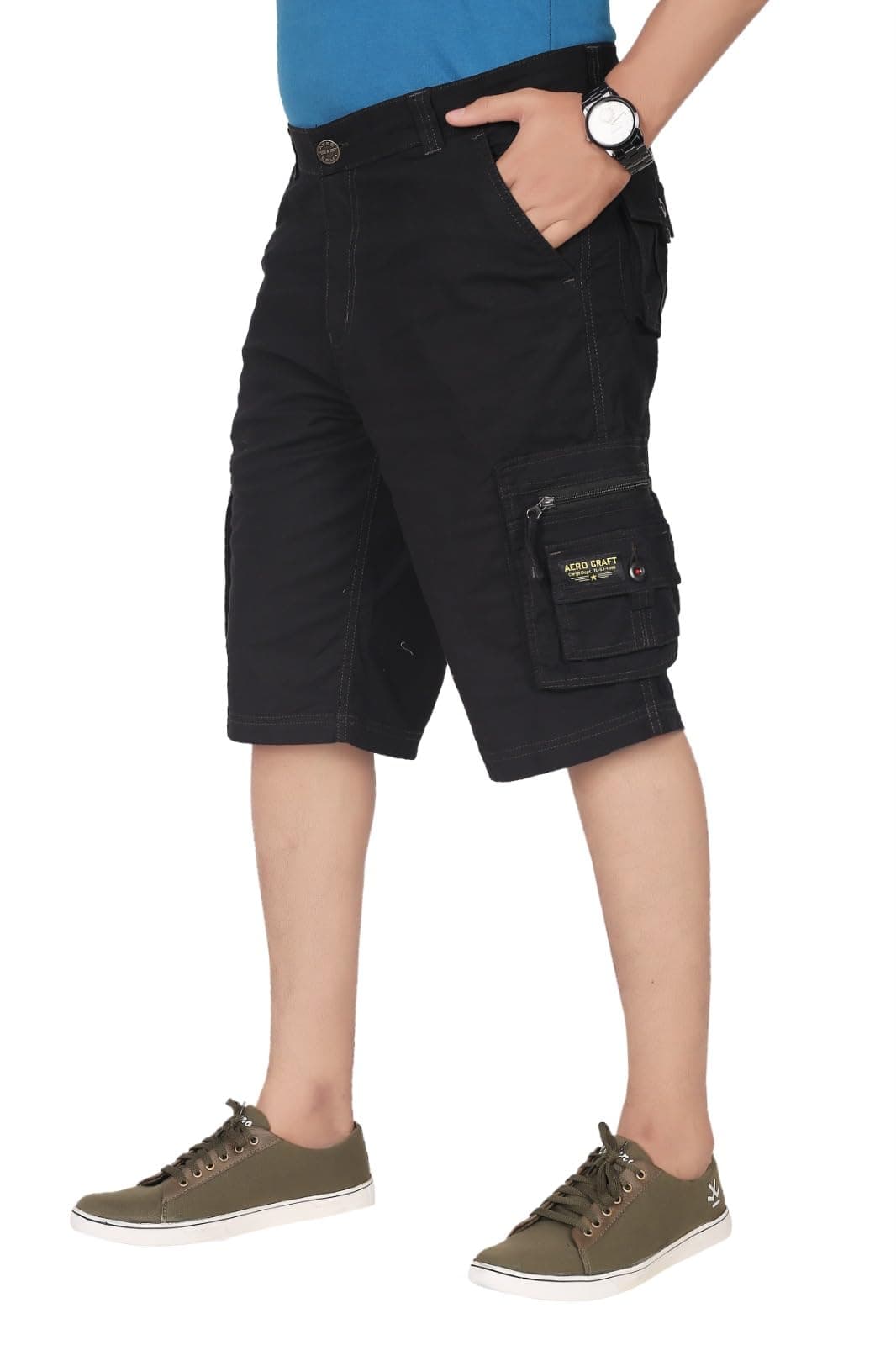 AERO CRAFT Men's Black Stretchable Cotton Cargo Shorts with Side Elastic Belt