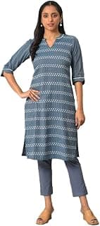 Aurelia Women's Cotton Straight Fit Straight Solid Regular Floral Printed Kurta