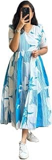 SAMOD Women's Blue White Printed Midi Dress, Short Sleeve, V-Neck, Tiered Design