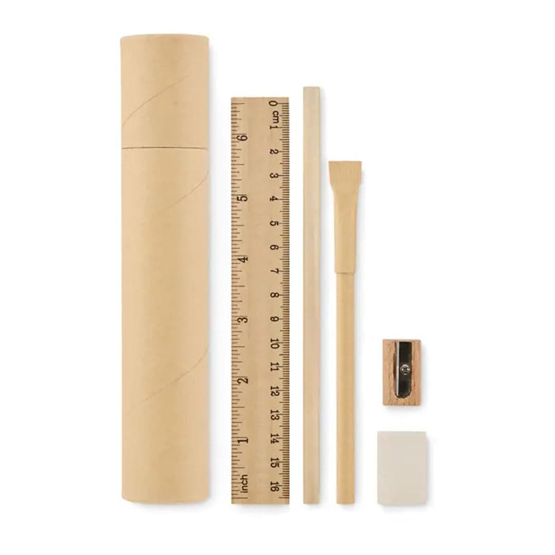 Giftana Eco Friendly Stationery Box for Students, Bamboo Pencil, Pen, Eraser, Scale (Ruler) and Wooden Sharpener with Reusable Tube Box for Office & School, Eco Stationery Gift Set for Employee