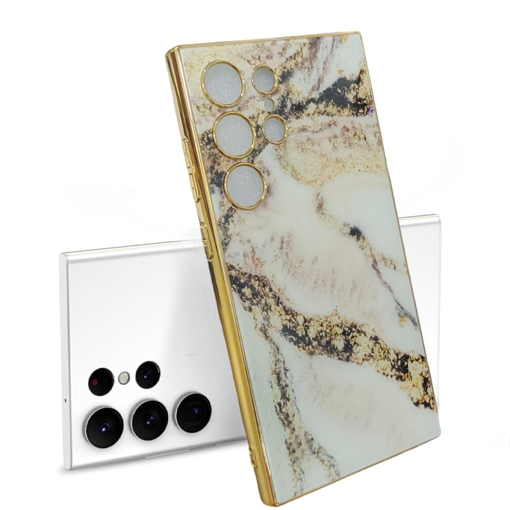 Scalebee Back Cover for Samsung Galaxy S24 Ultra 5G Hard Glass Anti-Collision Glitter Marble Slim Protective Cover Phone Case 360 Degree Shockproof TPU Cover for Galaxy S24 Ultra. (White Brown)