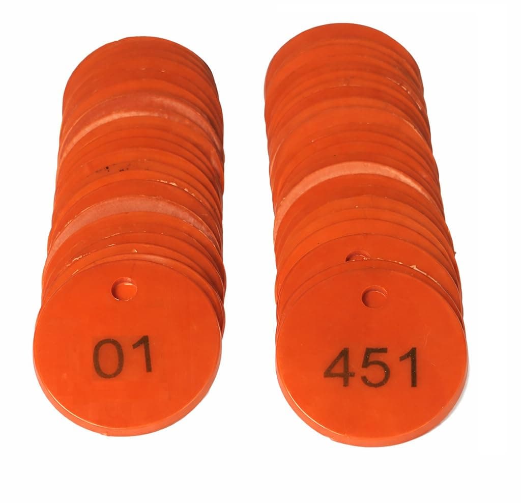 MOREL Orange Embossed Plastic Round Shape Token Coin with Hole USE for Shop, Board Games, Stores, Casino, School.|1 to 500 Numerical Embossed Coins.