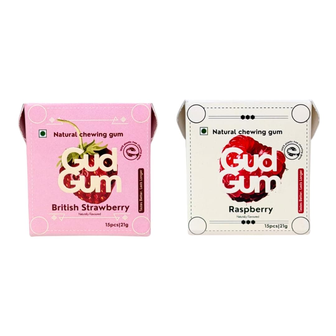 Gud Gum- Natural, Plastic Free Chewing Gum -21g x 2 - Mini Pack of 2 - No added artificial colours, flavours & sweeteners (2 Pack, Strawberry - Raspberry)