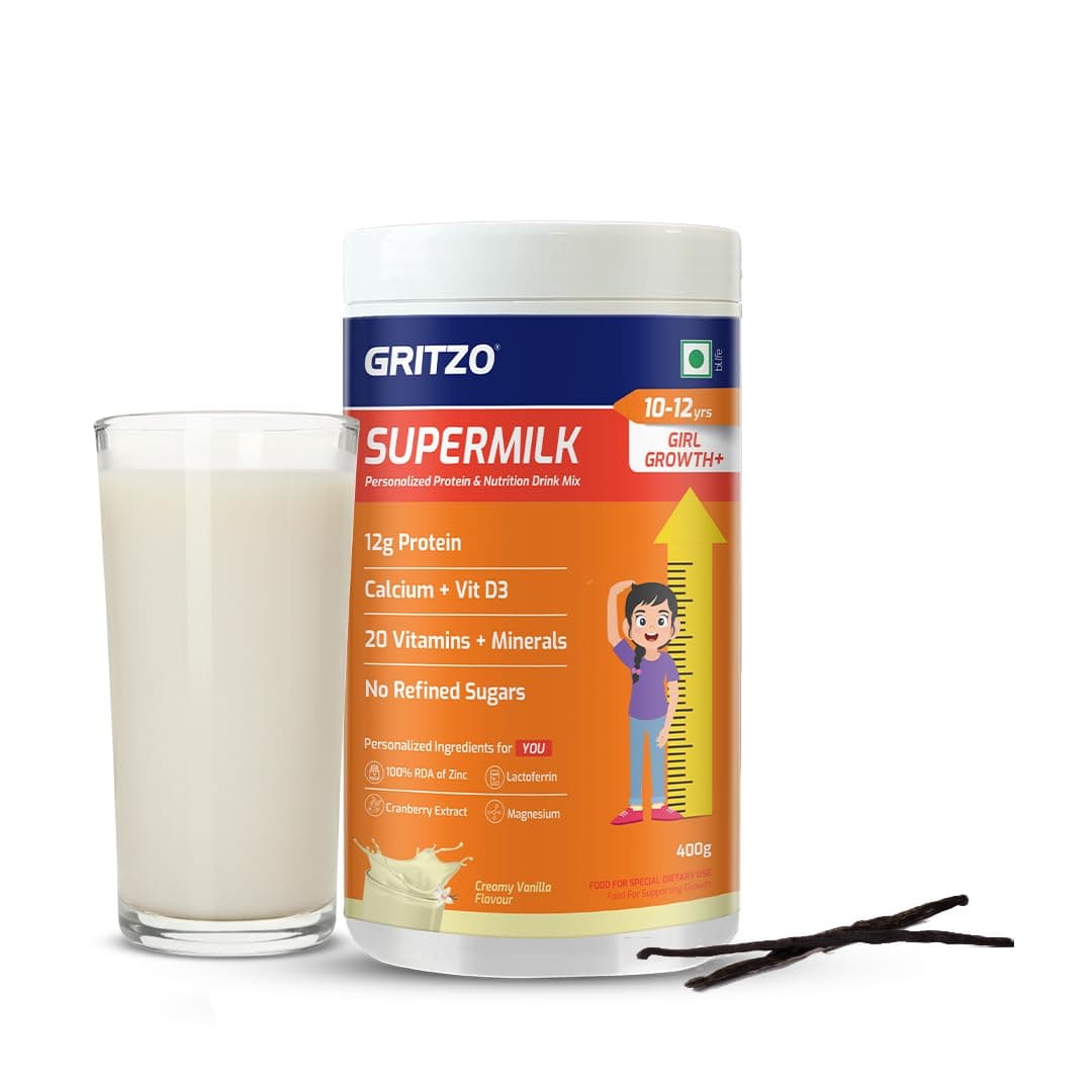 Gritzo SuperMilk Growth+ (Formerly Height+) (10-12y Girls), 12g Protein Powder (Creamy Vanilla, 400g) | Zero Refined Sugar, 20 Vitamins & Minerals