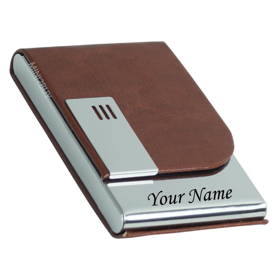 Mini2buy Customized Name Engraved Card Holder for Credit, Debit, ATM, and Business Visiting Cards from Premium Stainless Steel Size Ideal for Personal use or Corporate Gifting (Brown)