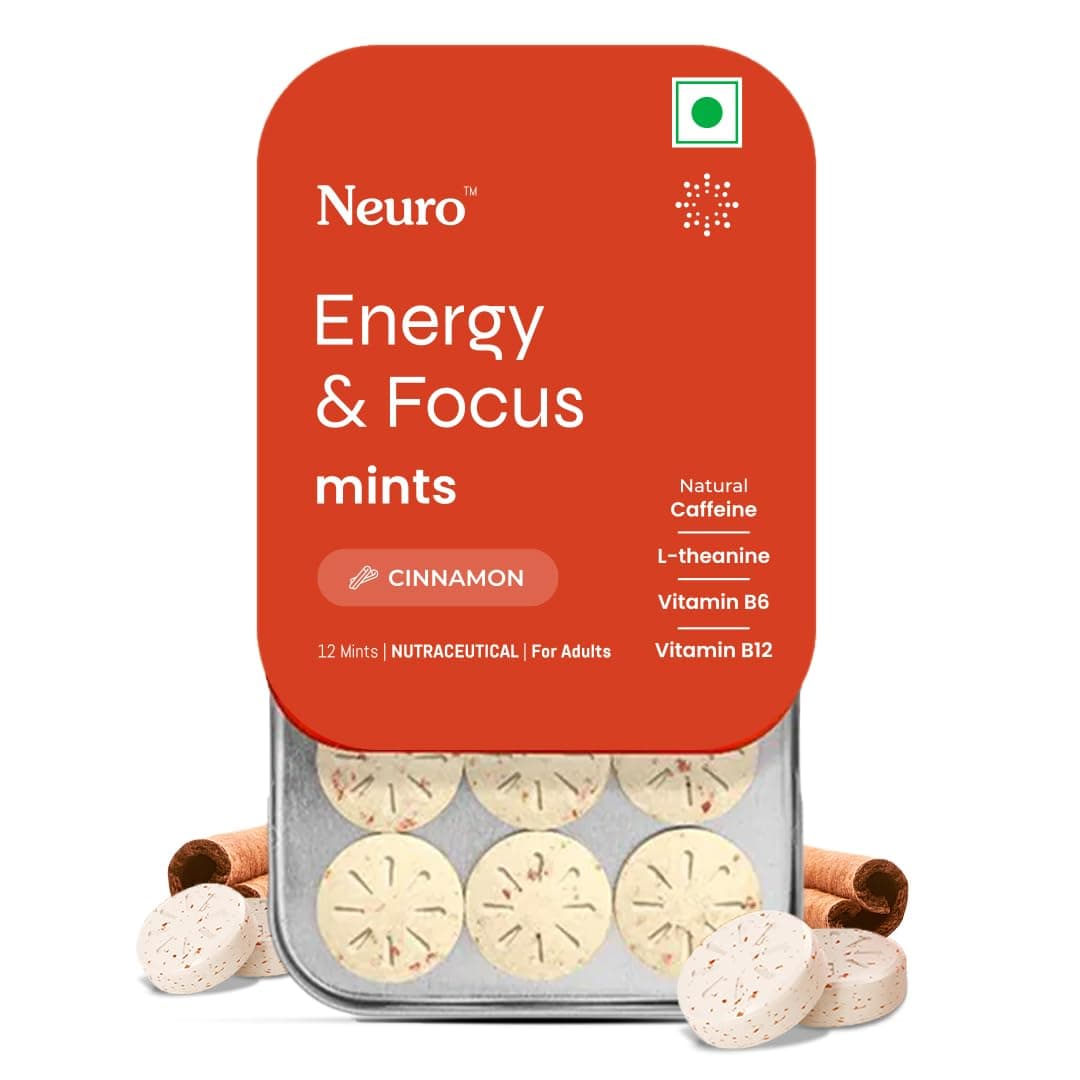 Neuro Energy & Focus Mints - Cinnamon | Quick Energy Boost & Enhanced Focus | Natural Caffeine + 60 mg L-Theanine + Vitamin B6 & B12 | No Added Sugar | Aspartame Free | 60 Mints