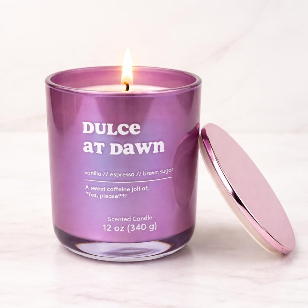 Goyoham | Dulce at Dawn Scented Large Glass Jar Candle with Metal Lid - Purple | 50 Hour Burn Time, 12 oz (340 g) | Scent - Vanilla, Espresso, Brown Sugar | Reusable Printed Jar, 11.5 x 9.5 cm