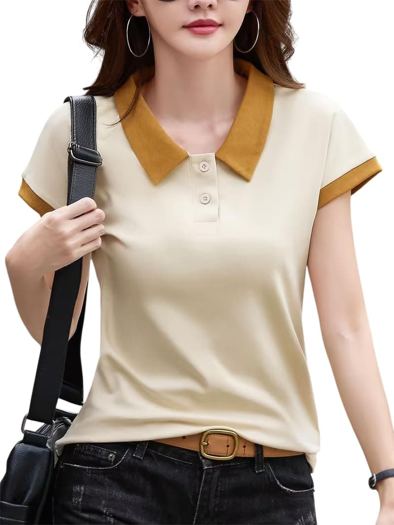 GLASGO Pure Cotton Regular Fit Plain Solid Classic Polo Collar Half Sleeve T-Shirt for Women (Colors: Beige, Mustard, Gray, Pink)