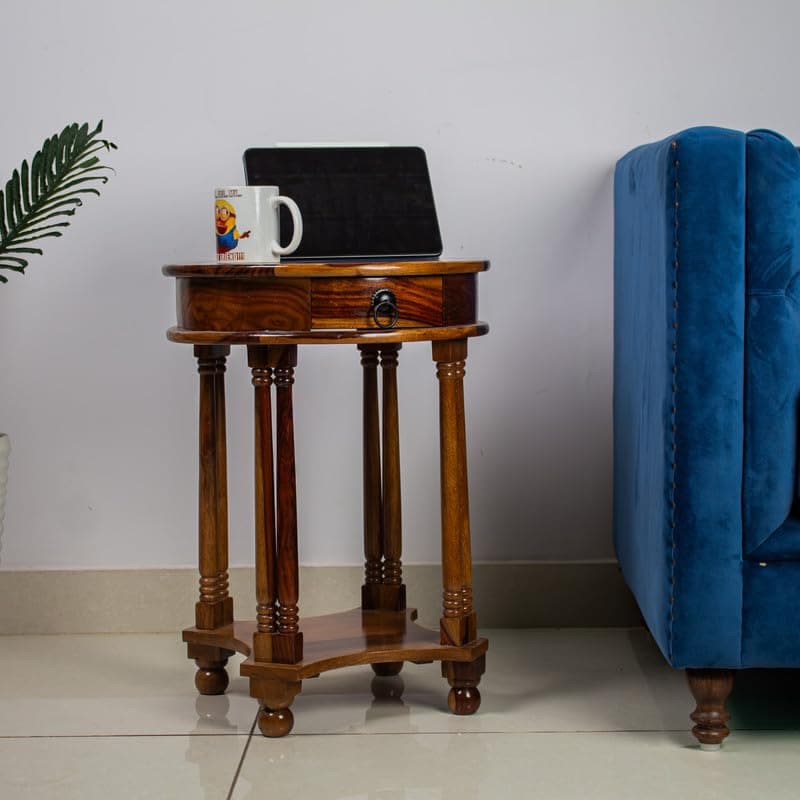 WOODMAZE Solid Sheesham Wood Round Telephonic Side Table with 1 Storage Drawer Wooden Nightstand End Table for Living Room Home Office (Honey Finish)