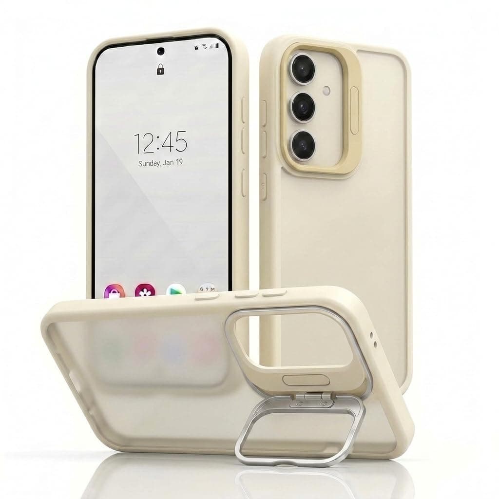 amazon basics Frosted Matte Case for Samsung Galaxy S25FE 5G | Built-in Flip-Out Camera Lens Stand | Translucent Back with Contrast White Bumper | Shockproof Protective Cover with Foldable Kickstand