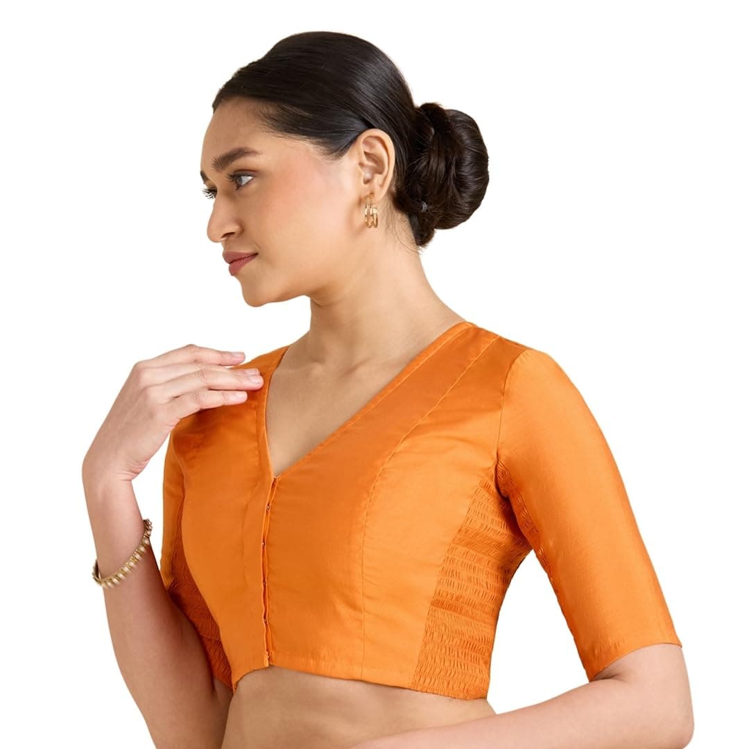 Studio Shringaar Women's Cotton Silk Stretchable (Smocked) Readymade Saree Half Sleeve Blouse