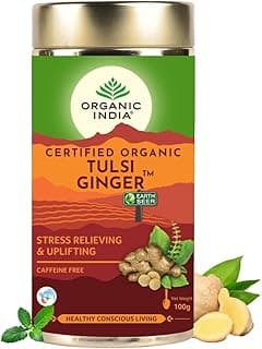 A TATA Product - Organic India Tulsi Ginger Tea - 100g, Rich in Antioxidants, Supports Digestion, Stress Relieving, Helps Boost Metabolism, Caffeine-Free, Whole Herbs