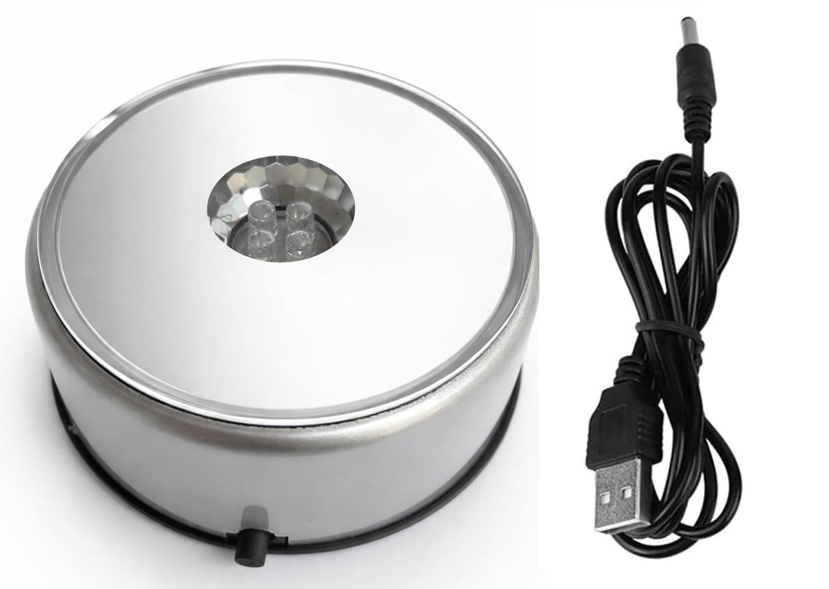 morel 4 LED LIGHT STAND BASE 360 DEGREE ROTATING DISPLAY STAND WITH CRYSTALS GLASS ART & USB POWER CABLE TURNTABLE AUTOMATIC REVOLVING PLATFORM.