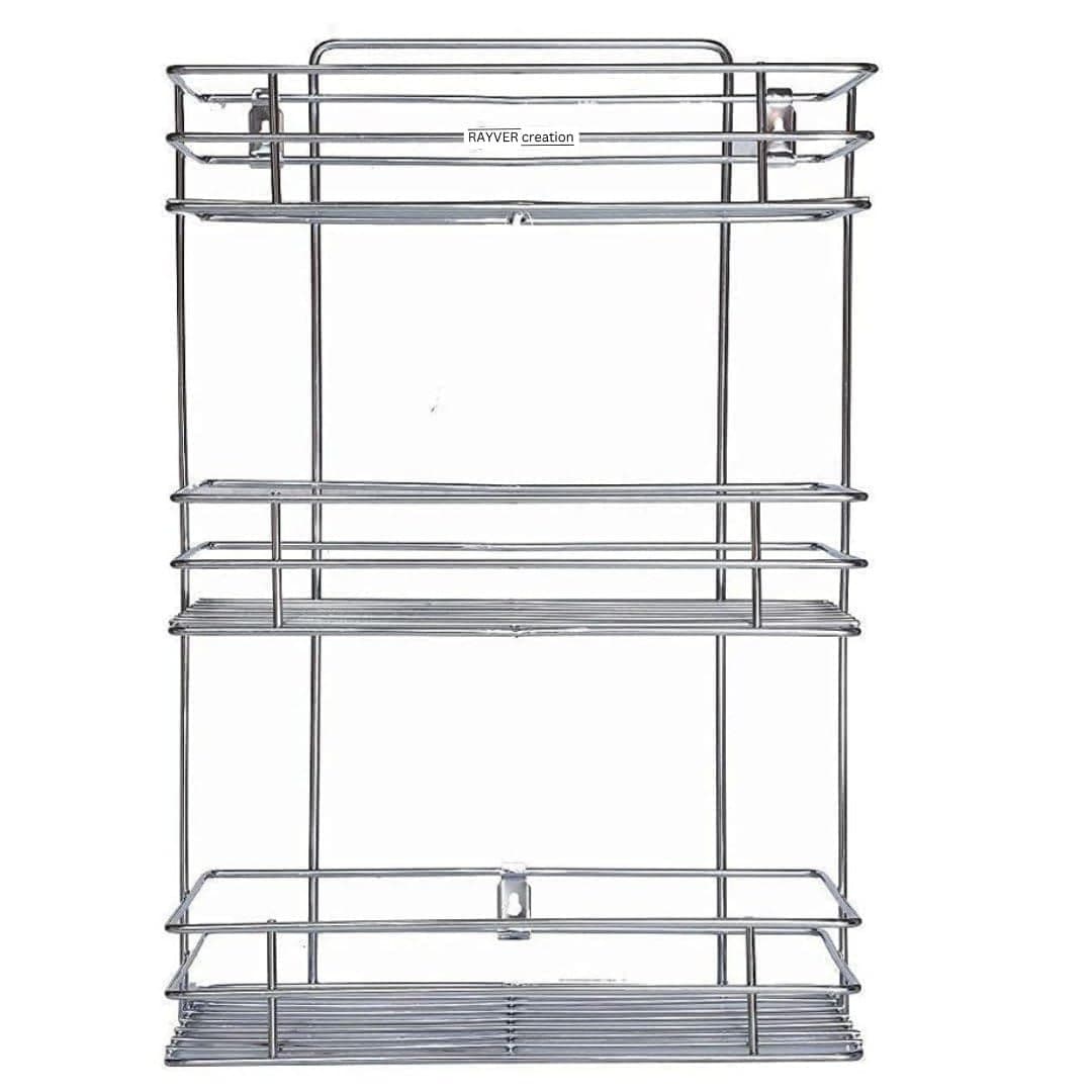 RAYVER CREATION 3 Tier Stainless Steel Kitchen Rack Basket Stand Storage Organizer Wall-Mounted Shelf for Spice Boxes Utensils Large (Pack of 1)