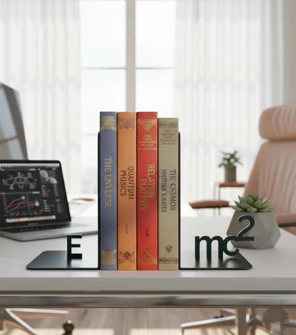 Amazon Brand - Solimo Metal Bookend Set of 2 Einstein Edge Theme | Heavy‑Duty Black Steel Book Holder for Office Home Bedroom Library Study Desk | Non‑Slip L‑Shape Organizer