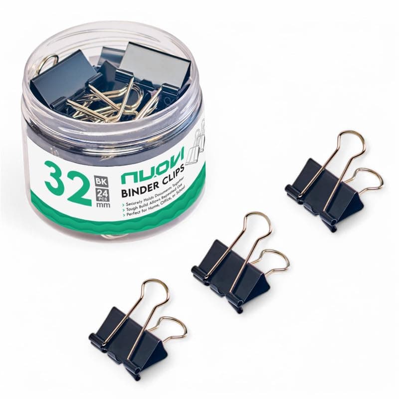 NUOVI 32mm Binder Clips-Black | Made of Tempered Steel, Durable & Rust-Resistant | Perfect for Holding Loose Papers | Ideal for School, Office & Home (Pack of 24)