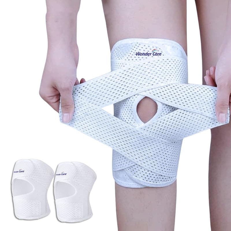 Wonder Care Adjustable Wrap Knee Support Brace, Air Mesh Fabric Knee Brace Cap for Pain Relief, Sports, Arthritis, Running Protection [White] (2, XXL)