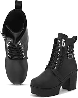 XE Looks Trendy Ankle Boots with Lace-Up, Zipper, and Double Buckle Design, Chunky Heel for Women & Girls