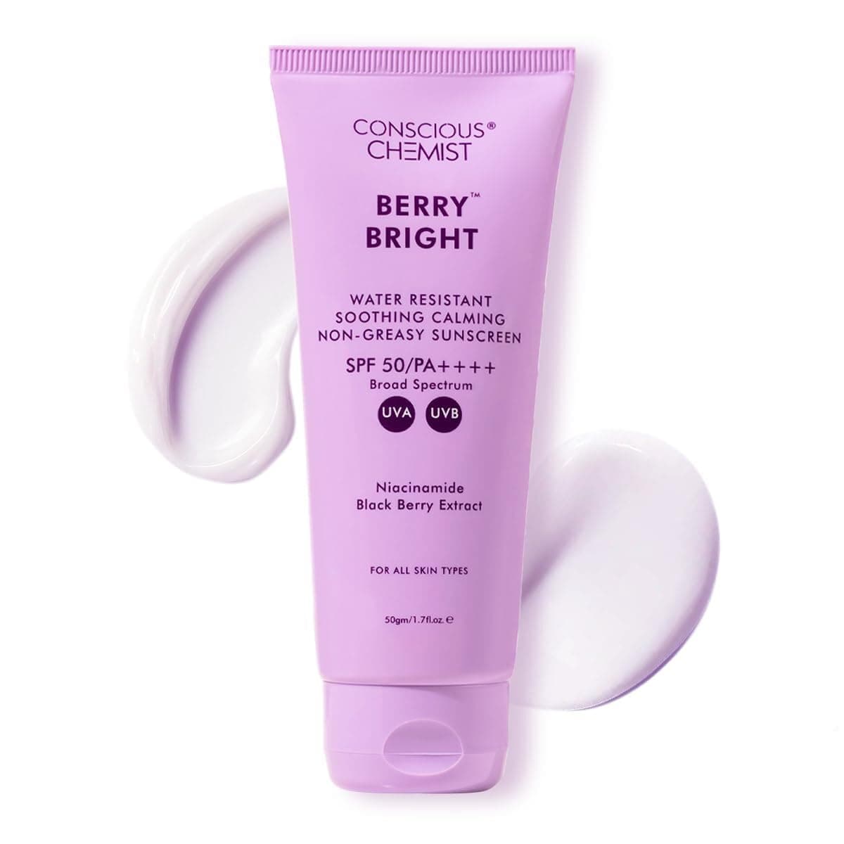 Conscious Chemist® Sunscreen SPF 50 PA++++ In-Vivo Tested | 50g | Sunscreen for Oily Skin, Gel Sunscreen, Niacinamide with Black Berry Extract, Hybrid Lightweight, All Skin Types - Berry Bright
