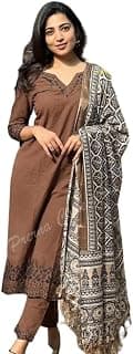 Women Pure Cotton Embroidery Straight Kurti with Pant & Dupatta Set (Brown)