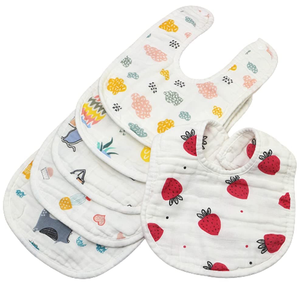 BabyGo Muslin Baby Washcloths & Bibs Set | 100% Cotton, 8 Layer Cartoon Print, Soft, Gentle, Reusable & Absorbent Feeding Bibs & Towels for Newborns & Toddlers | Pack of 5 (Multicolor)
