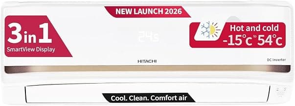 Hitachi 1.5 Ton 3 Star Hot & Cold New star rated, Inverter Split AC (Copper, Smart View Display, 4 Way Swing, ice Clean Cooling, 2026 Model, RAS.G318PHDIST, White)
