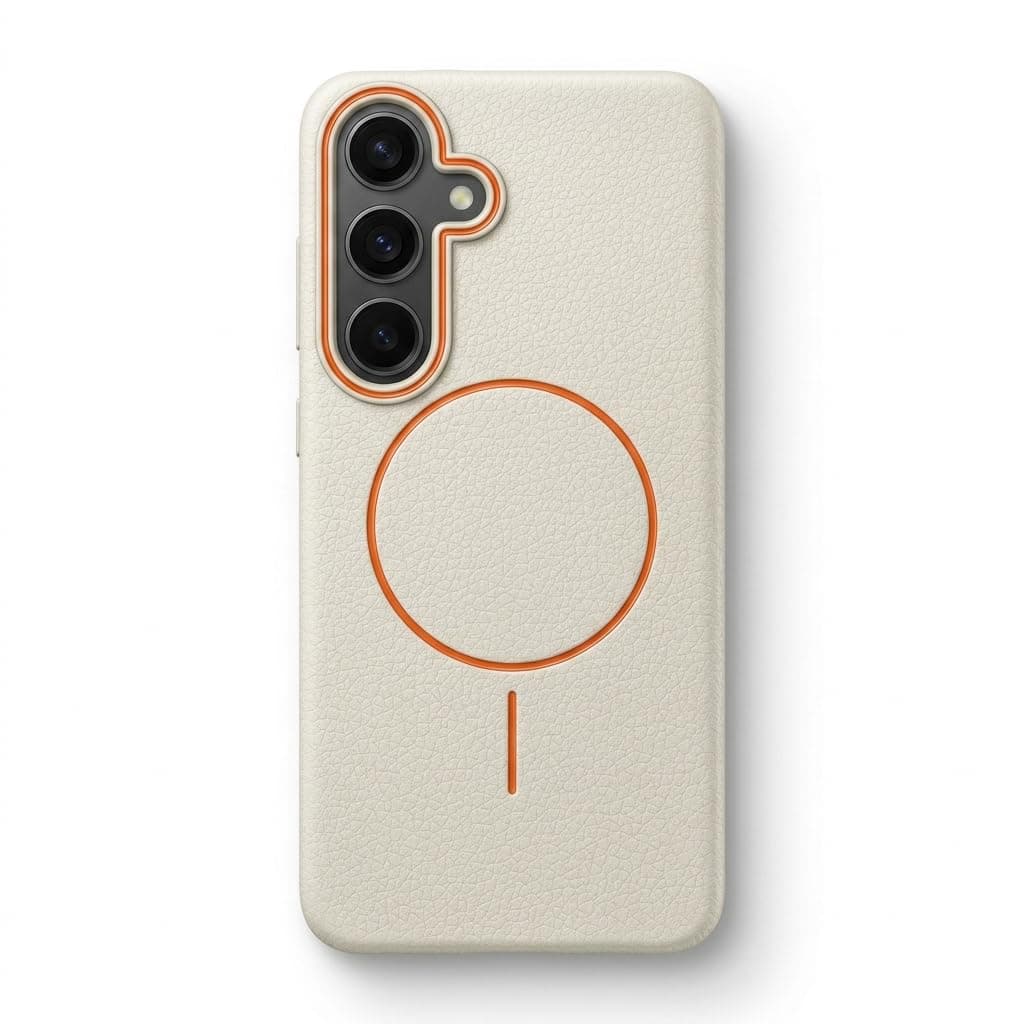 amazon basics Luxury MagSafe Compatible Leather Texture Back Cover for Samsung Galaxy S23FE | Raised Camera Protection | Slim Fit Shockproof Case with Metallic Accents (White)