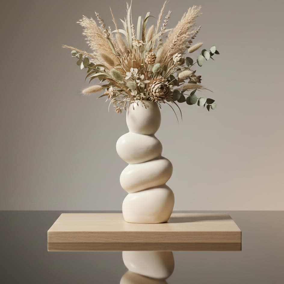 Ceramic Stone Vase for Home Decor Ceramic Vase for Pampas Grass, Abstract Bubble Stacked Pebble Design, Minimalist Ceramic Vases for Flowers (White Pebble)