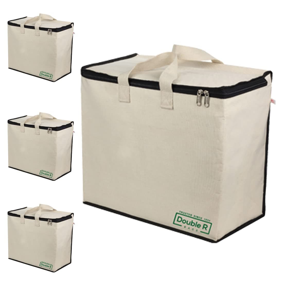 DOUBLE R BAGS Multipurpose Clothes & Grocery Storage Organizer with Reinforced Cotton Handles, Zip Cover & 1 Compartment – Heavy Duty Canvas Bags (Black, 43x27.9x43 cm, Pack of 4)