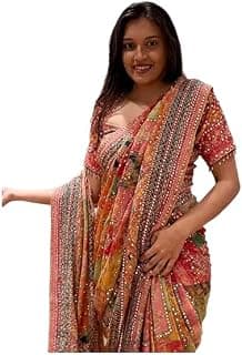 Orbexa Women's Chinon Silk Saree with Printed Design, Mirror Work & Zari Woven Detailing | Ethnic Wear Saree with Unstitched Blouse Piece | Traditional Festive & WeddingWear