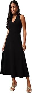 Trend Arrest.ed Women's Fit and Flare Midi Dress | V Neck Tie-Back Halter Style | Stretchable Fabric | Sleeveless Flowy Dress for Brunch, Beach, Vacation & Casual Outings