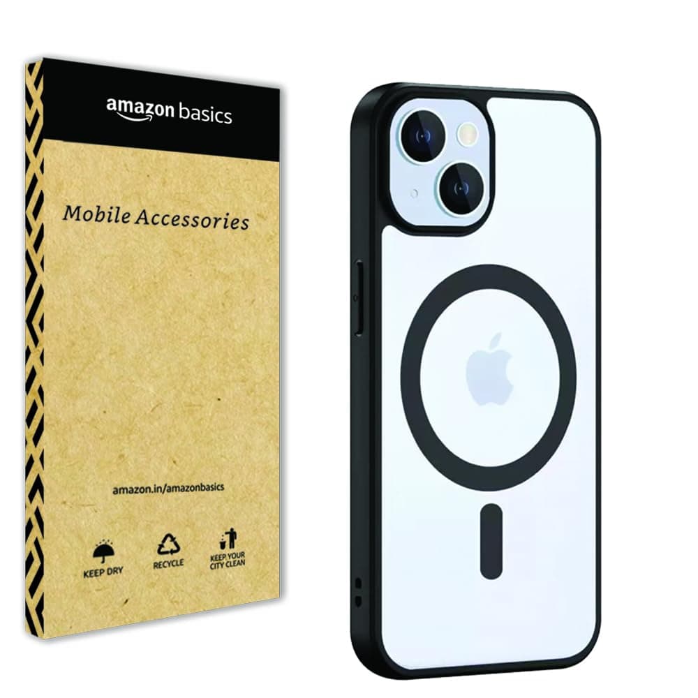 amazon basics Mag-Safe Case Compatible for iPhone 15 Cover | Transparent Ultra Hybrid Drop and Camera Protection Back Cover Case Compatible for iPhone 15 (Black)