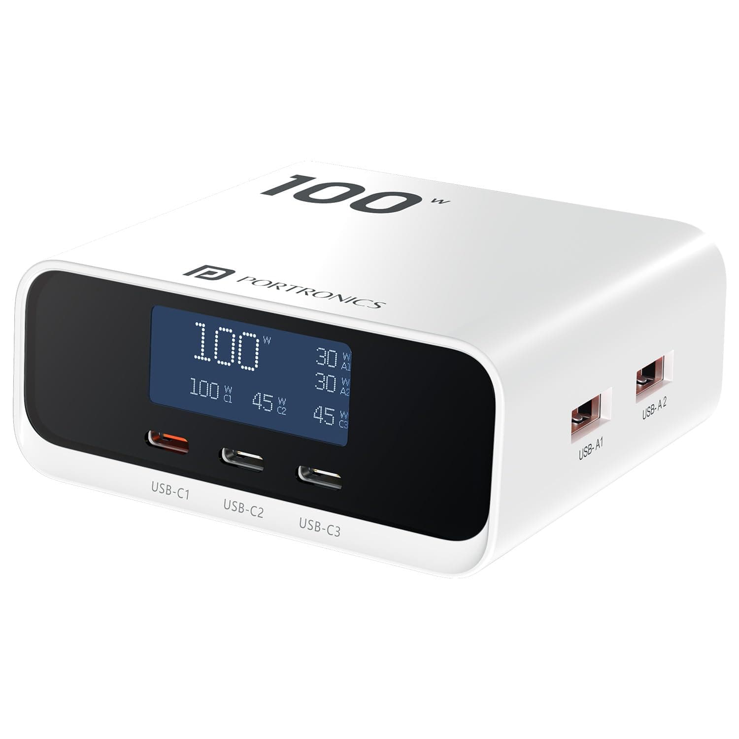 Portronics 100W Adapto 100D Fast Charging 5 Port Adaptor with LCD Power Display, 3 Type C PD Port, 2 USB-A Mach Port, Fast Charging Compatible with Laptops, Macbooks, Smartphones (White)