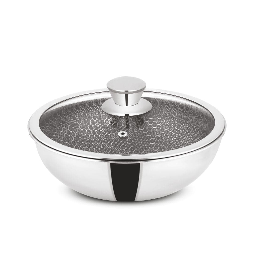 Orange Triply Honeycomb Stainless Steel Tasra Kadai with Glass Lid 2.5 Litre Capacity (22 cm Diameter) | Heavy Bottom, Scratch Resist Non-Stick Tasra/Tasla | Induction Friendly | 5 Year Warranty